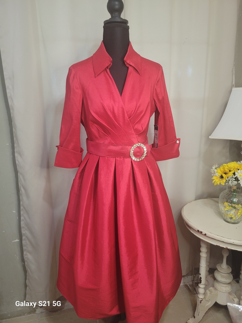 Jessica Howard Red Midi Fit-and-Flare Dress with Rhinestone Buckle